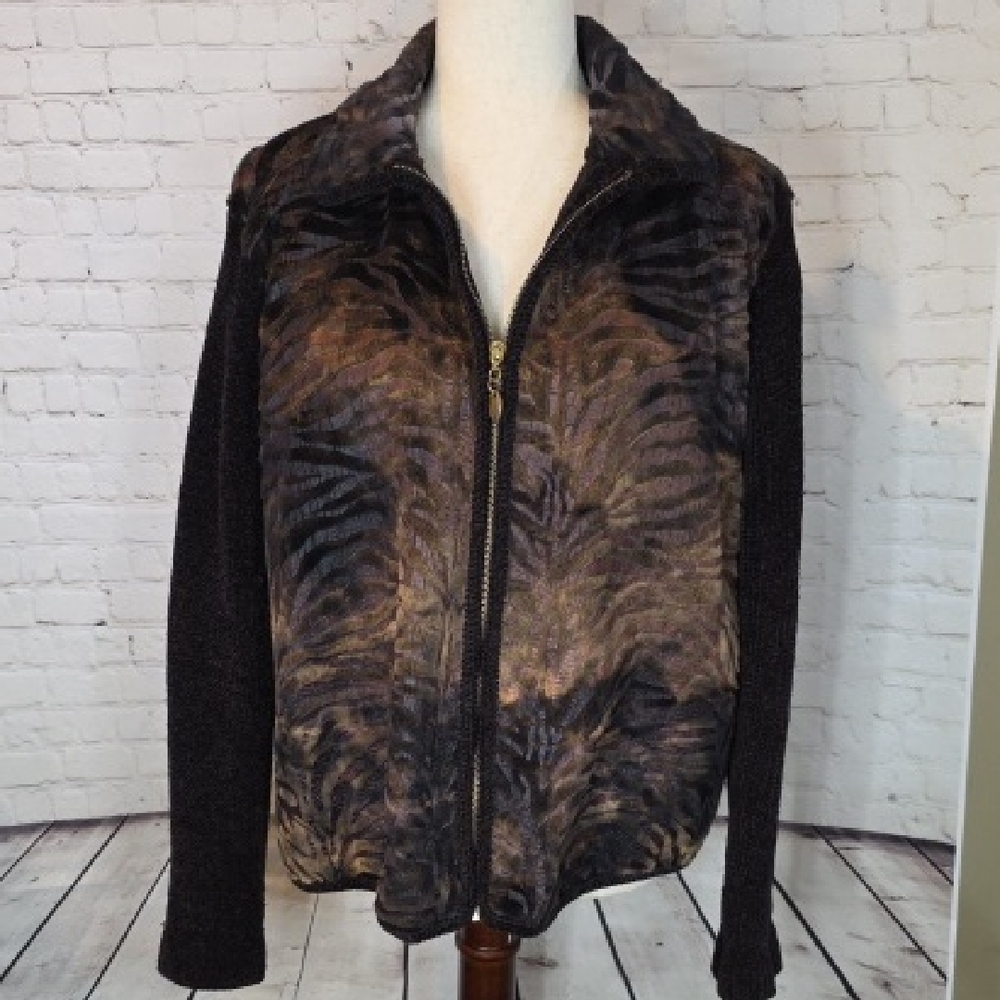 VTG Lisa Internat.‎ Tiger Stripe Zip Sweater Jacket - Animal Print Mob Wife Glam